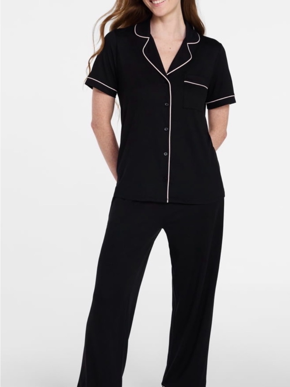 Joyspun Black Short-Sleeve Pajama Set with Contrast light Pink